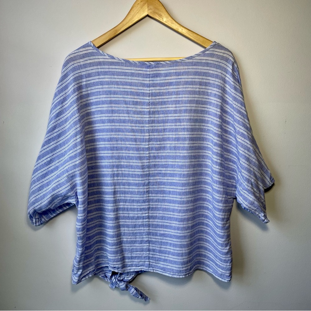 Beachlunch Lounge Blue & White Striped Linen Blend Wide Sleeve Side Tie Blouse - Picture 2 of 11